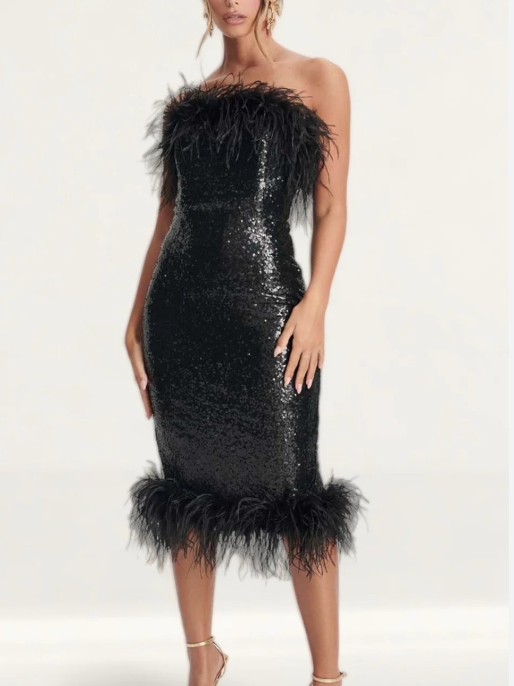 Lavish Alice Black Strapless Sequin Dress with Feather Trim